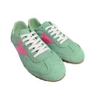 Mila Paoli mint green & hot pink suede leather casual sneakers Italy 39 EU 8 US
